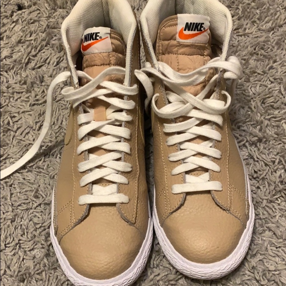 Tan and white nike blazer sneakers